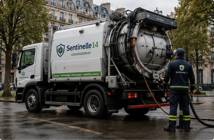 Camion d’hydrocurage Sentinelle 14 intervenant sur un réseau d’assainissement en Île-de-France