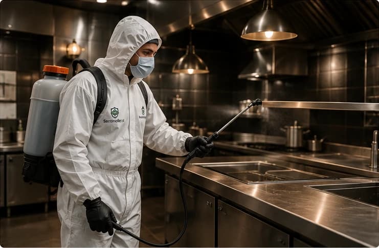 Technicien Sentinelle 14 en opération de désinfection dans une cuisine professionnelle