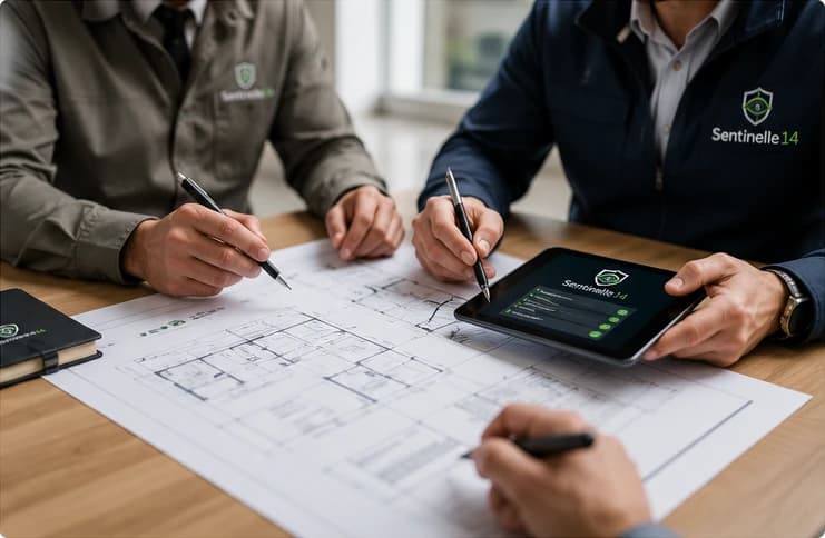 Réunion de préparation et audit technique avec plan du site pour une intervention d’hygiène 3D