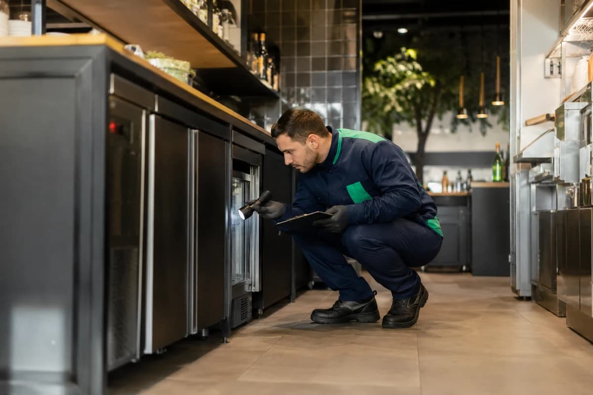 Technicien contrôlant les zones sensibles d’un restaurant professionnel