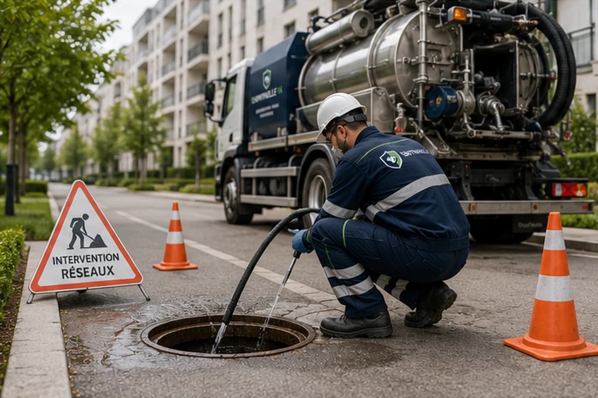 Technicien préparant une intervention d'hydrocurage sur un réseau de copropriété