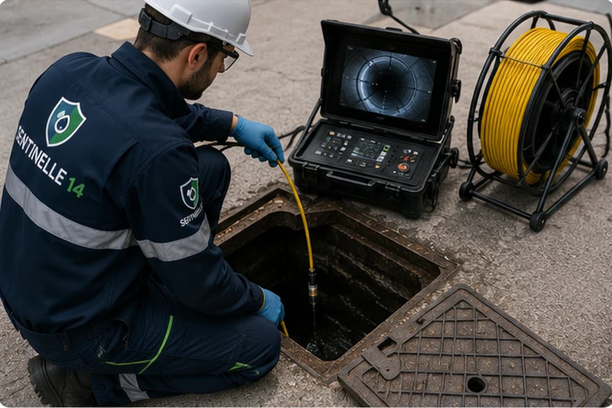 Technicien contrôlant une canalisation avec un équipement d'inspection caméra
