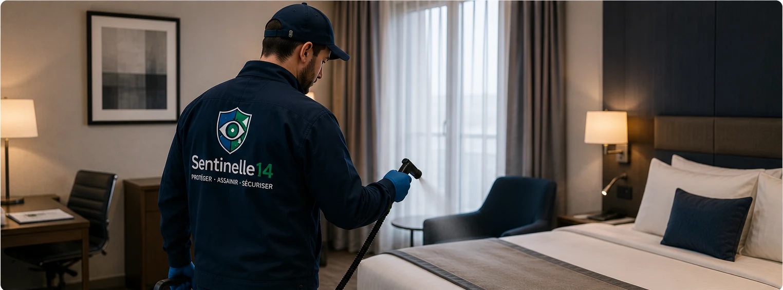 Technicien Sentinelle 14 en intervention discrète dans une chambre d’hôtel en Île-de-France