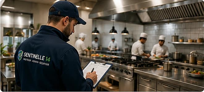 Technicien Sentinelle 14 réalisant un audit sanitaire en cuisine professionnelle dans un établissement de restauration en Île-de-France
