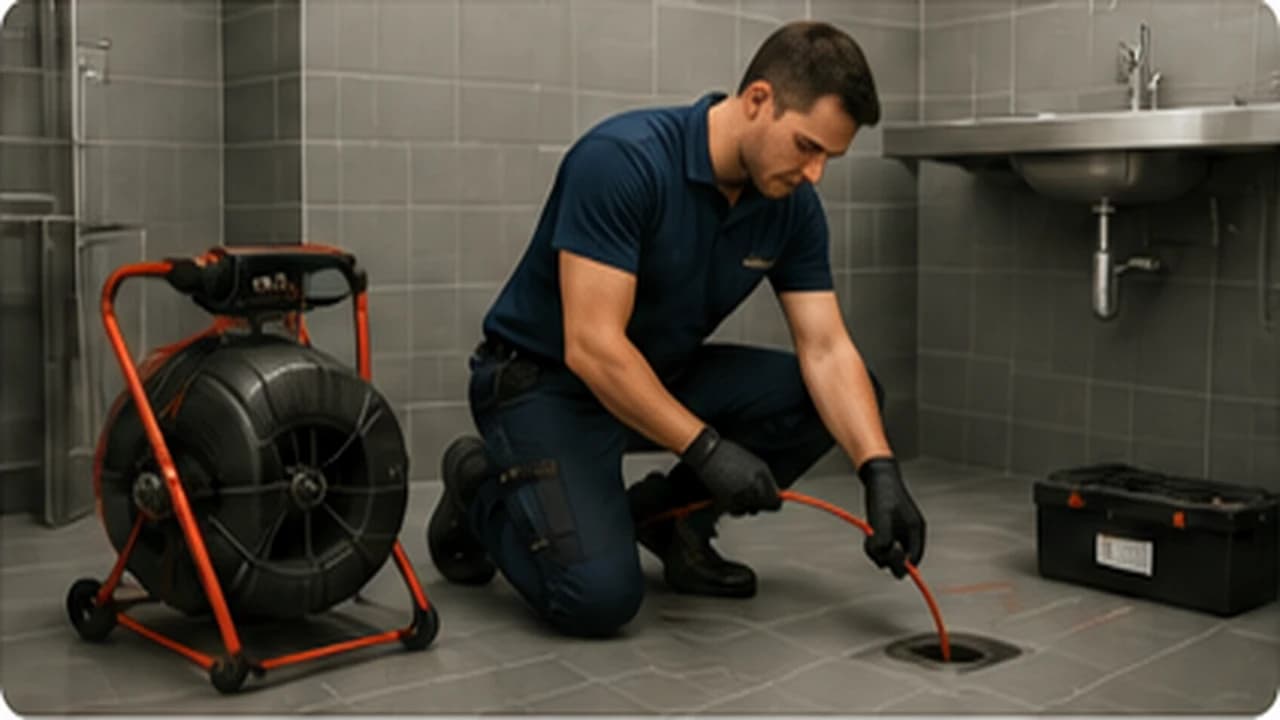 Technicien en intervention de débouchage de canalisation dans un établissement professionnel en Île-de-France