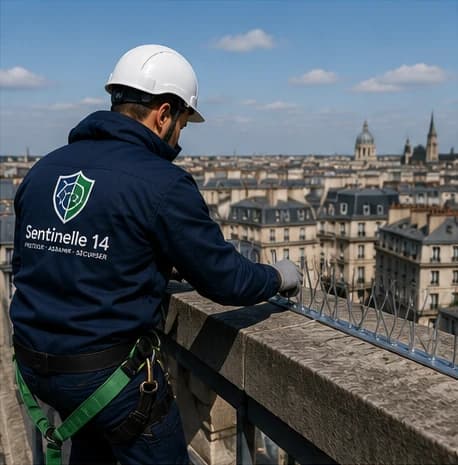 Technicien en intervention de dépigeonnage sur bâtiment professionnel en Île-de-France
