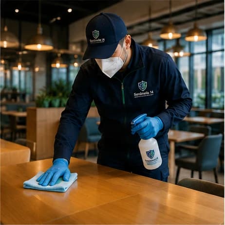 Technicien en désinfection professionnelle des surfaces dans un environnement B2B