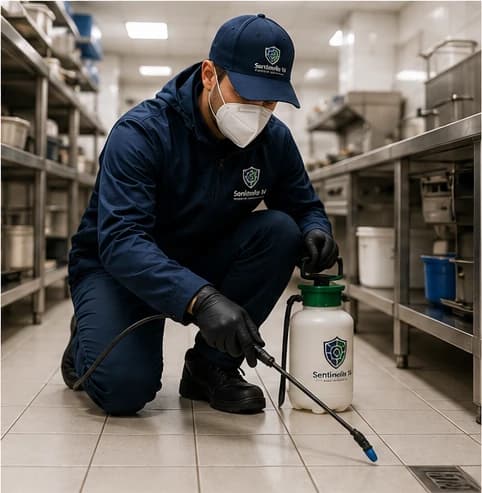 Technicien en intervention de désinsectisation professionnelle dans une cuisine professionnelle