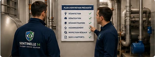 Techniciens en intervention dans une salle technique d’un établissement professionnel pour l’entretien préventif