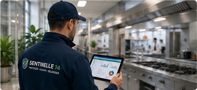 Technicien consultant analysant le plan d’entretien préventif multi-services dans un établissement professionnel en Île-de-France