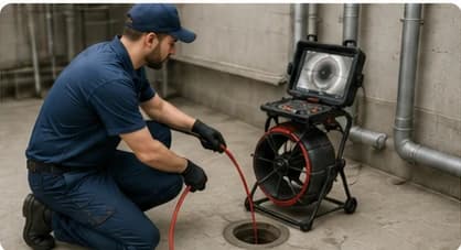 Technicien réalisant une inspection caméra des canalisations dans un établissement professionnel en Île-de-France