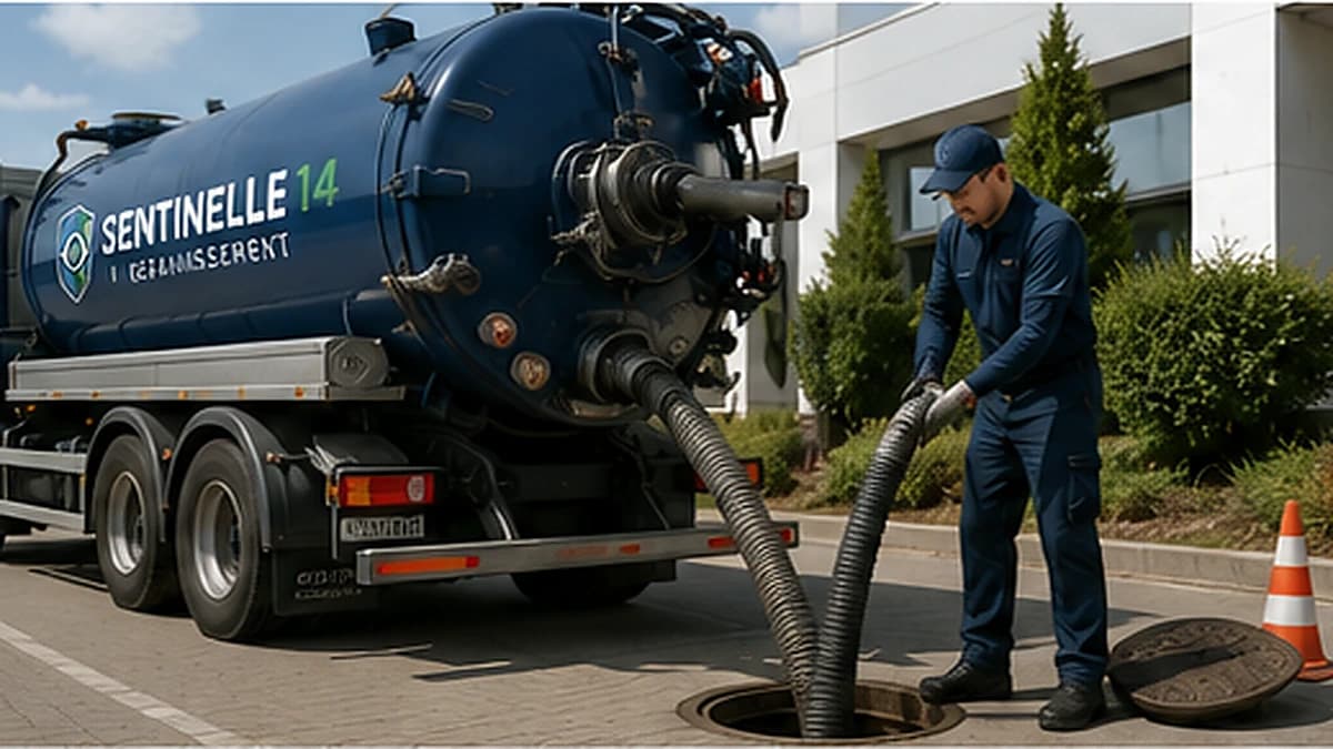 Technicien réalisant une vidange de fosse avec camion hydrocureur dans un établissement professionnel en Île-de-France